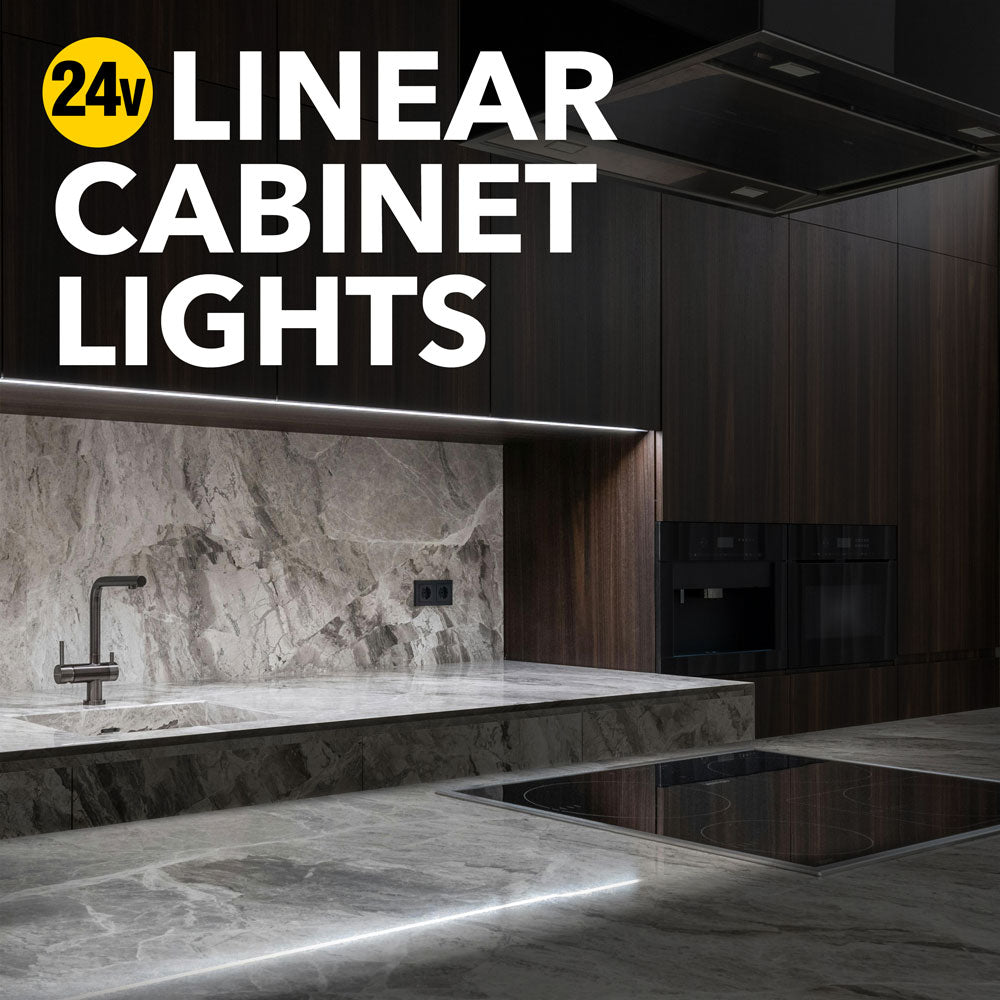 Elegant linear under cabinet lights in a modern kitchen countertop setup, highlighting the 24V LED features.