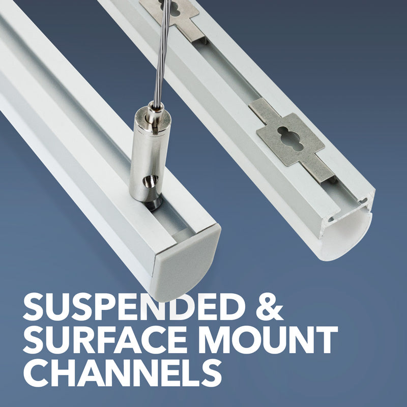 Close-up of suspended and surface mount LED channels for stylish lighting solutions.