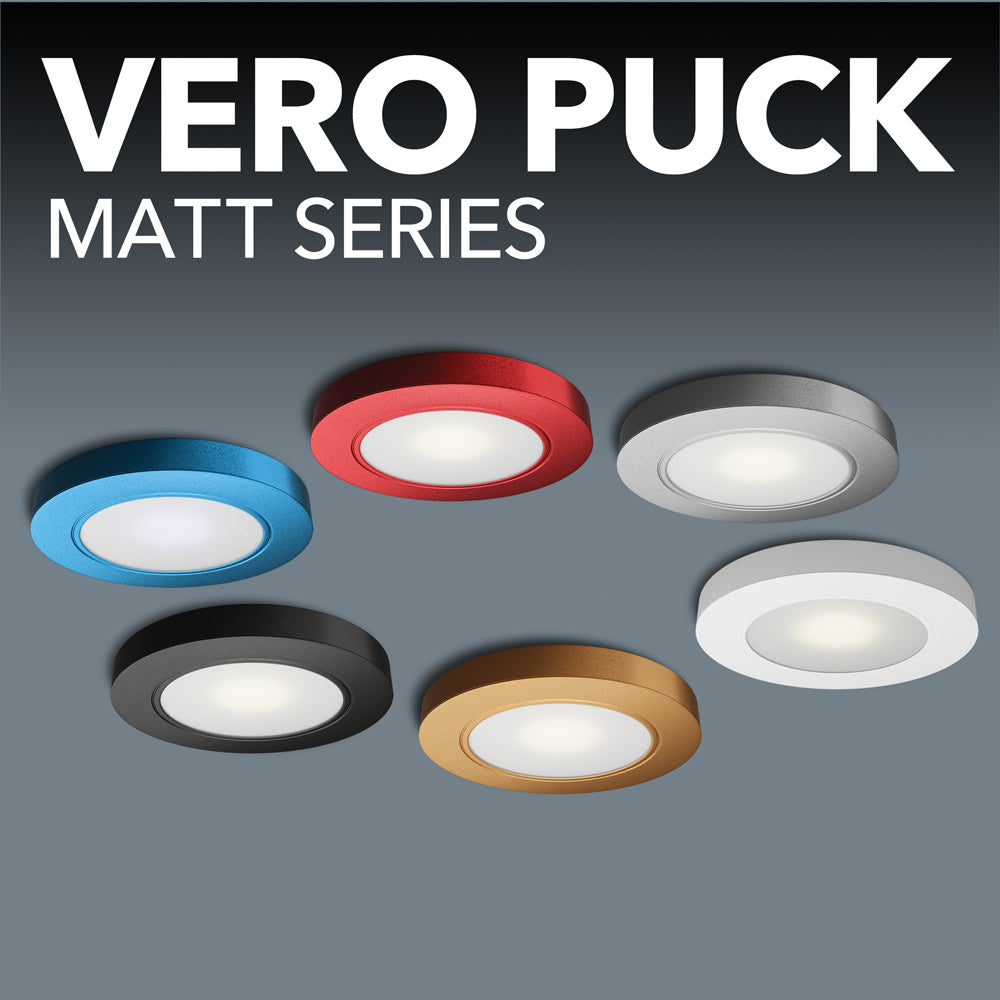 Vero Puck Matt Series cabinet lights in vibrant colors including blue, red, gray, black, and gold.
