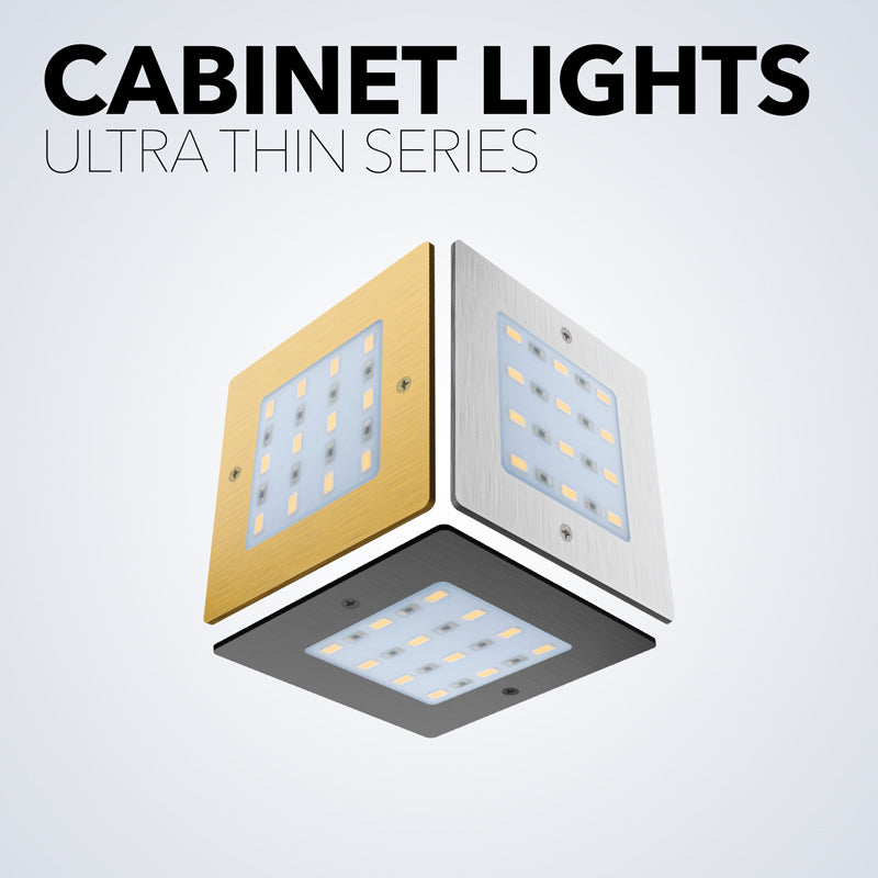 Ultra Thin Series Cabinet Lights in gold, silver, and black finishes for modern cabinetry and ambiance customization.