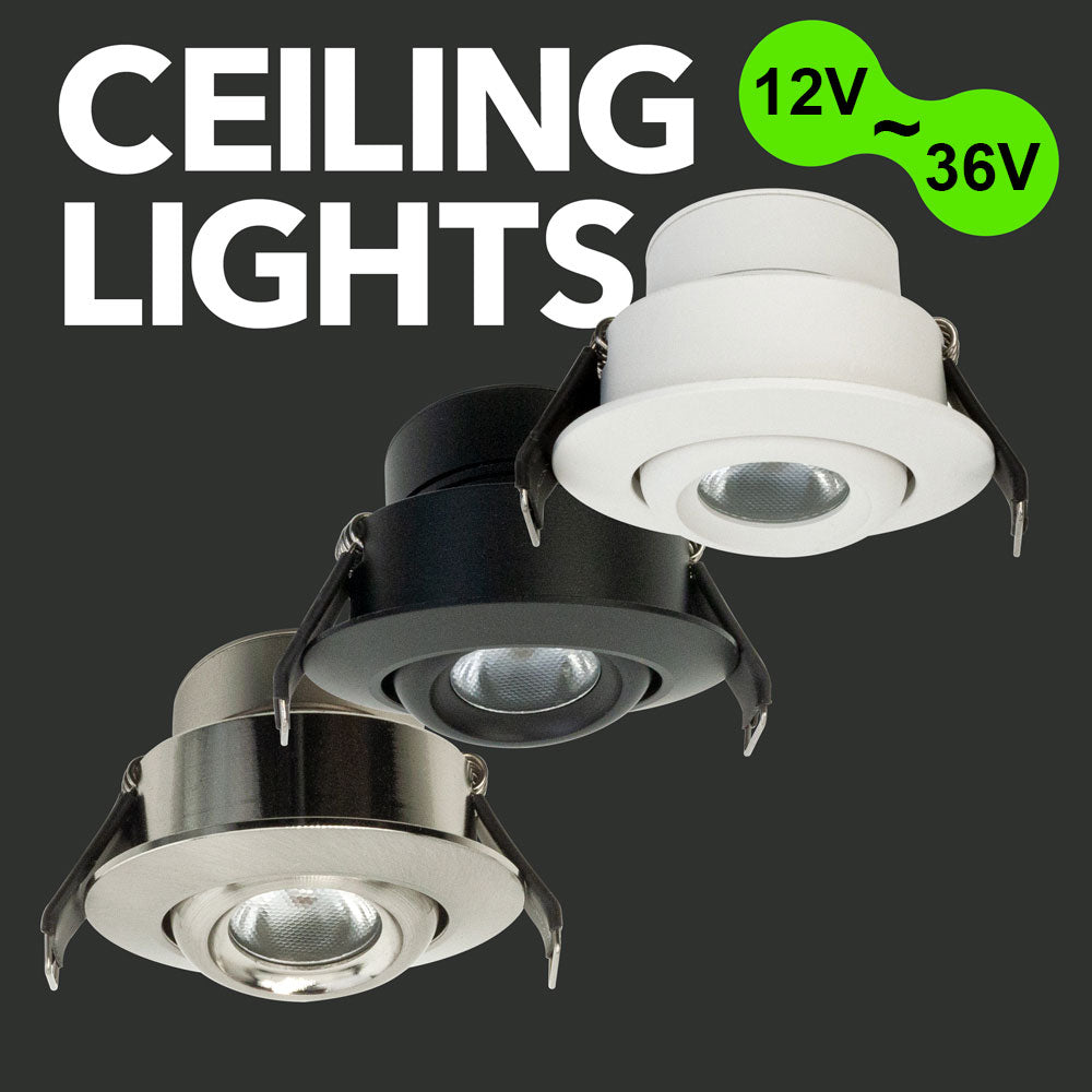 Three ceiling lights in black, white, and silver finishes, designed for 12V and 24V installations.