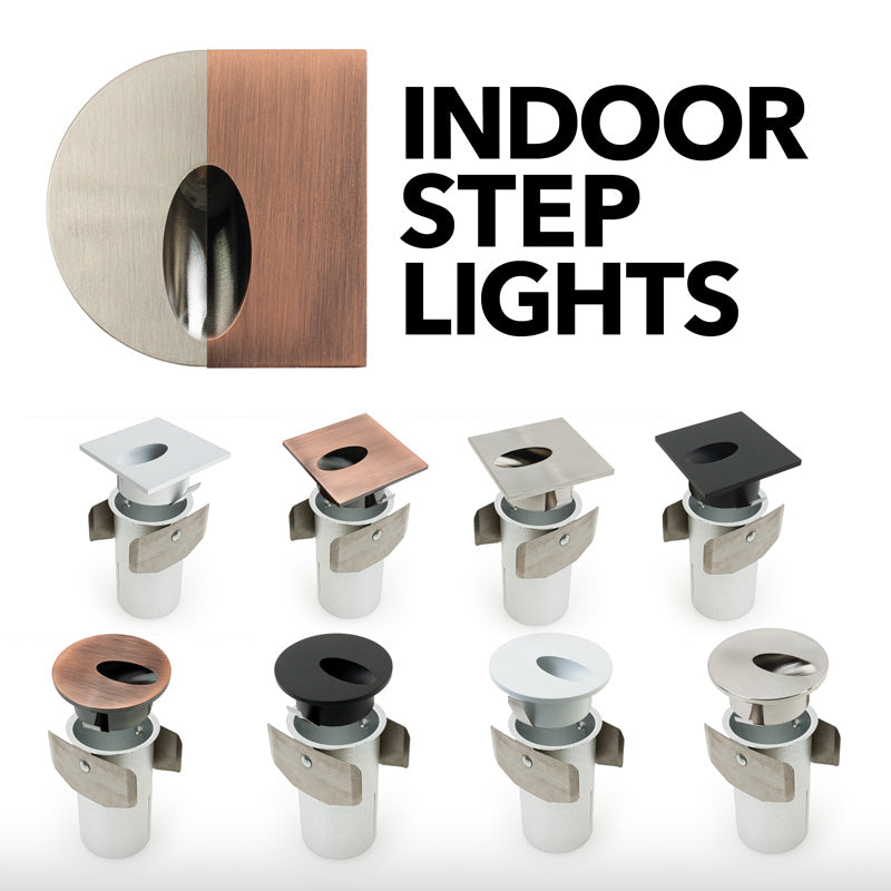 Variety of 12V indoor step lights in round and square shapes, featuring different finishes like black, brushed nickel, and bronze.