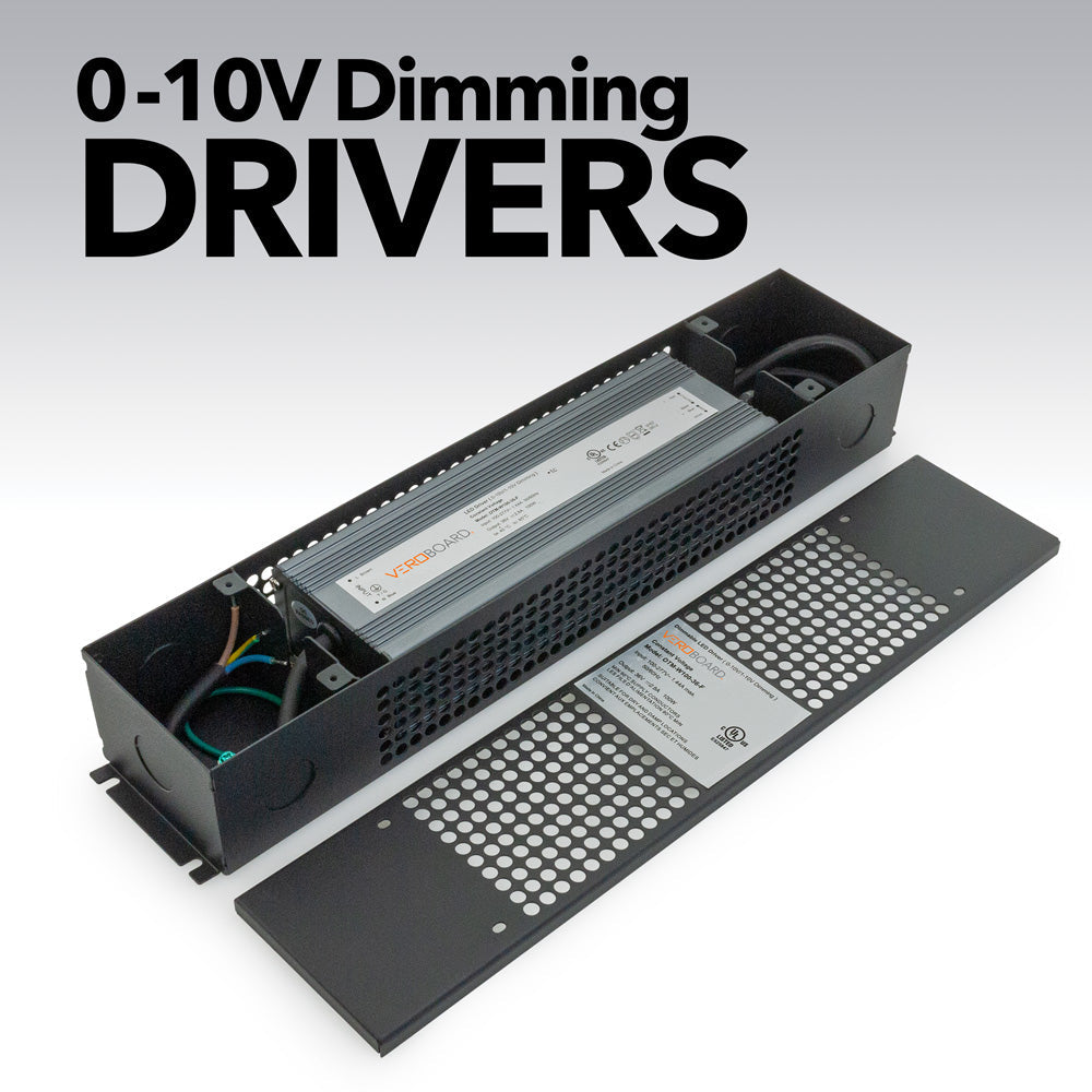 0-10V Dimmable LED Drivers in a sleek black casing with power specifications visible.