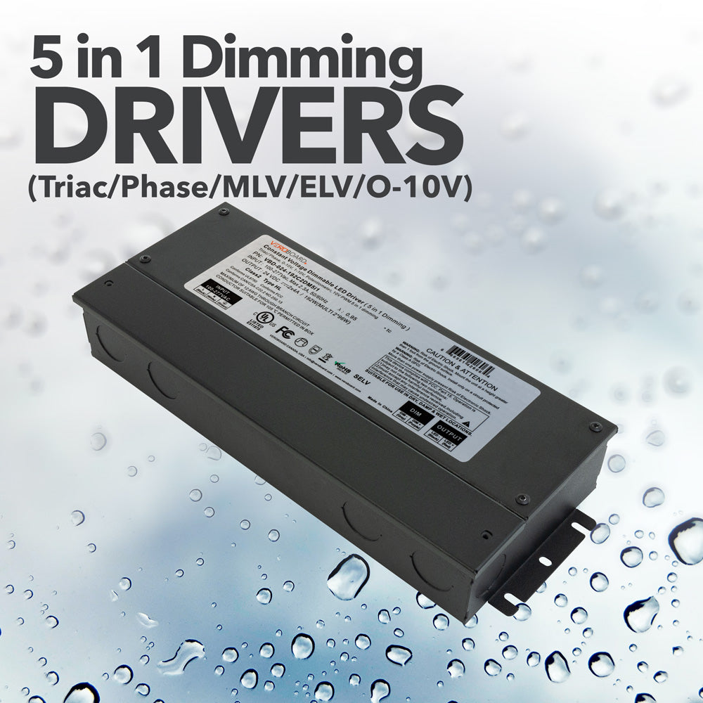 5 in 1 Dimming LED Driver featuring Triac, MLV, ELV, and 0-10V compatibility for versatile lighting solutions.