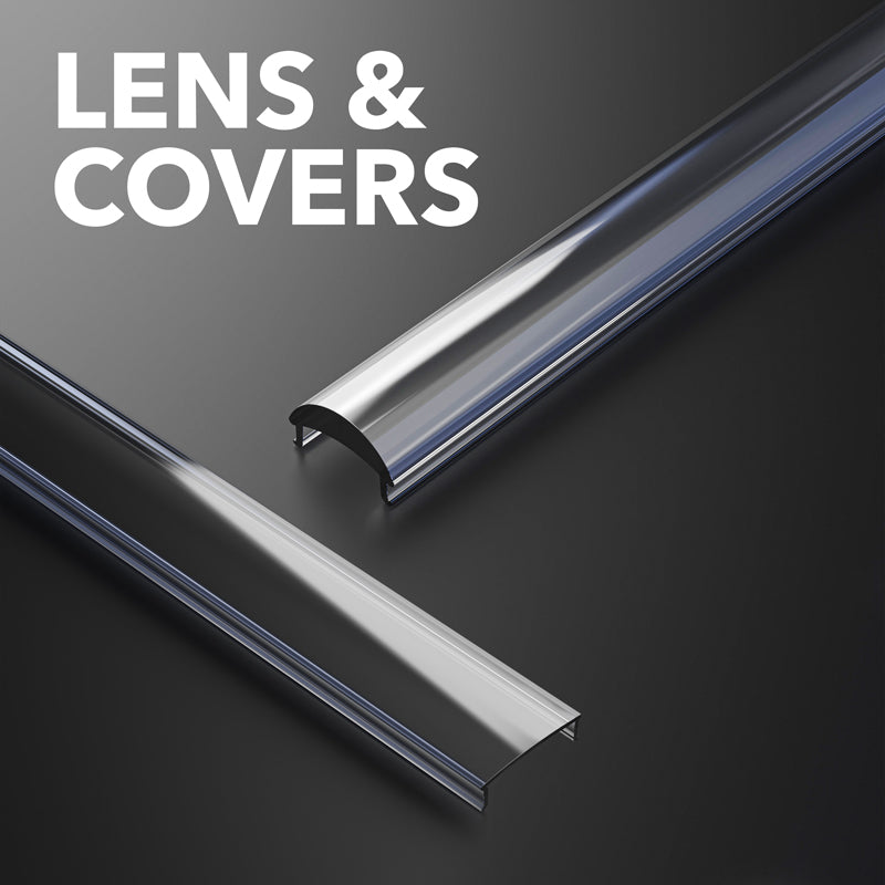 Lens and covers for LED channels showcasing clear and frosted options on a sleek background.
