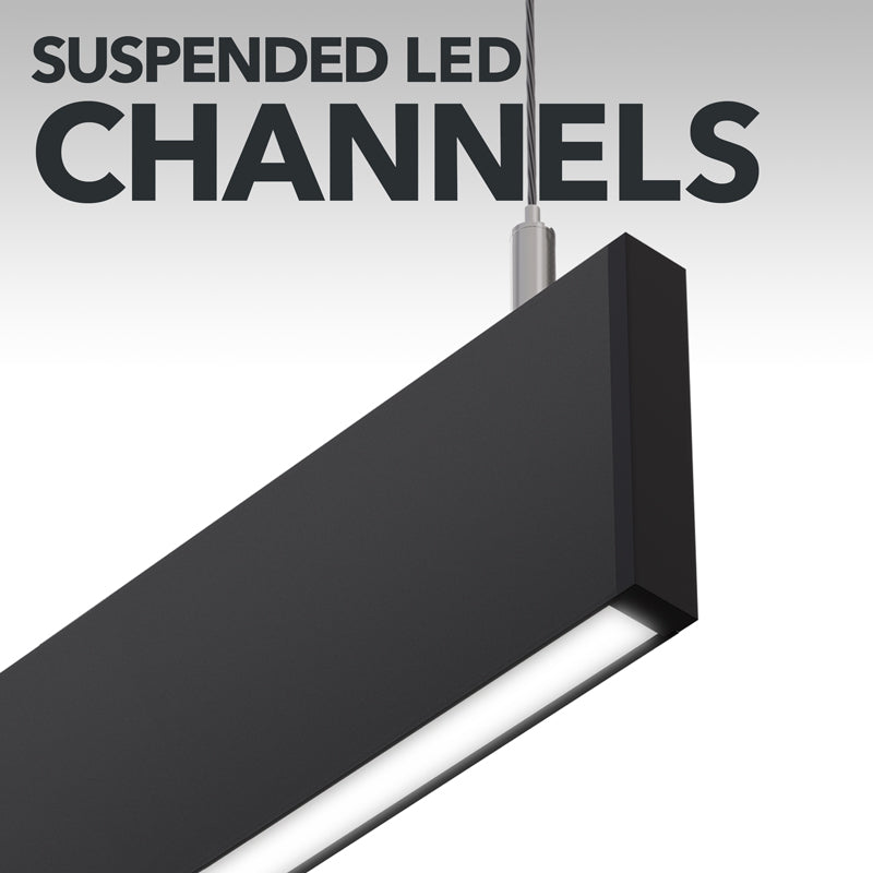 Suspended LED channels in sleek black design for modern lighting solutions.