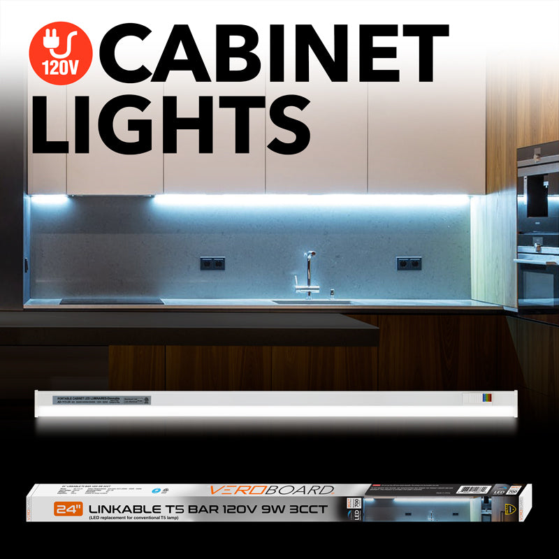Energy-efficient 120V cabinet lights featuring a sleek design for modern kitchens, enhancing interior style and functionality.