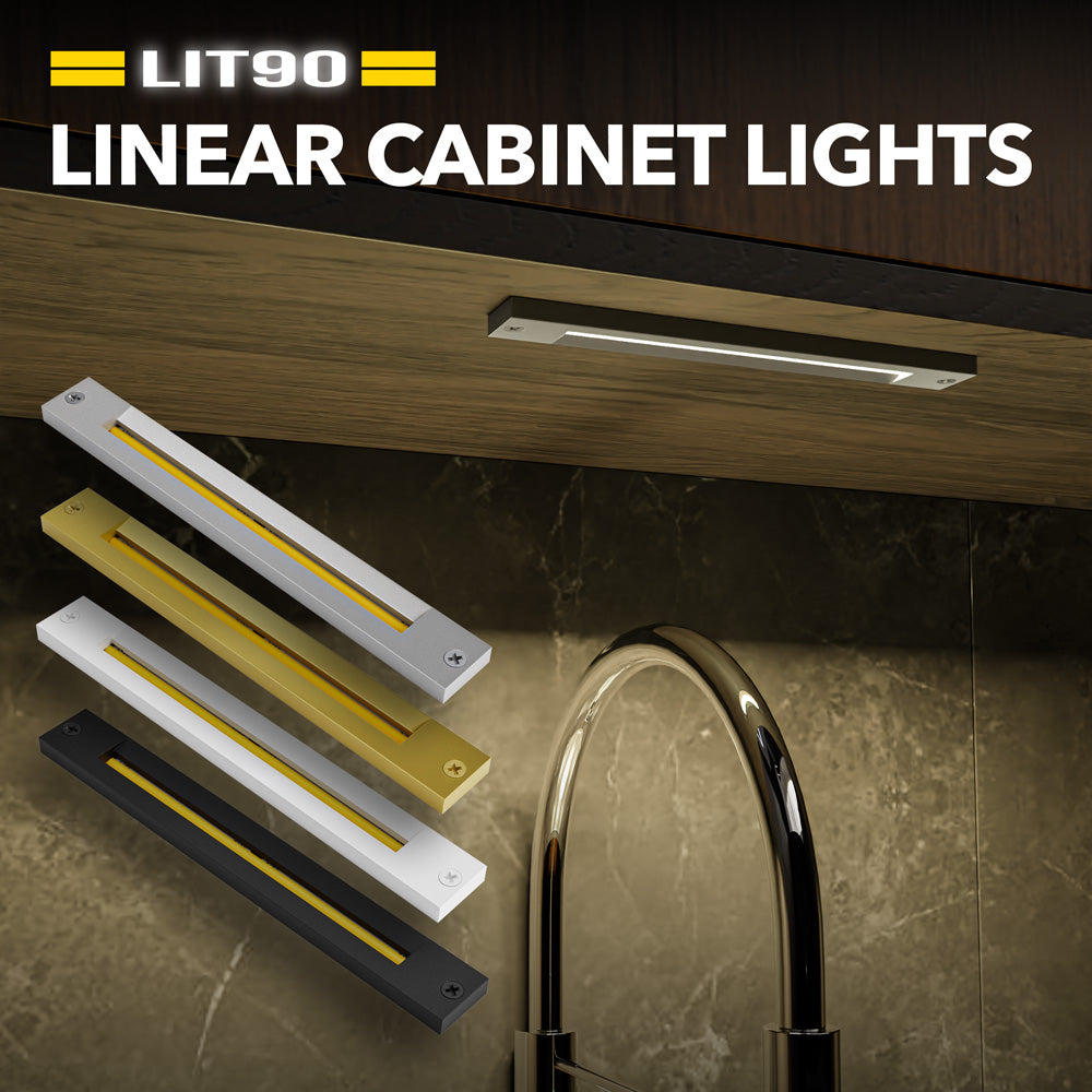 Lit90 8" linear cabinet lights in four finishes, showcasing stylish under-cabinet lighting for modern interiors.