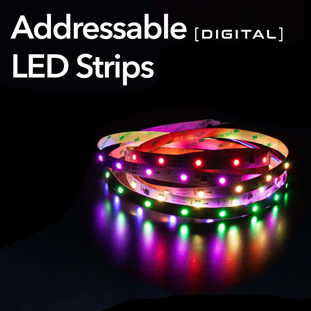 Colorful addressable digital LED strips showcasing dynamic RGB lighting effects on a dark surface.