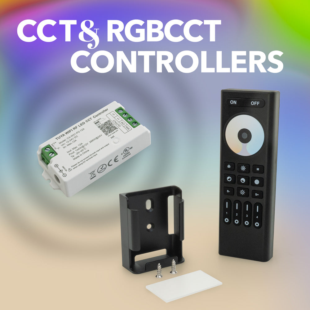 CC & RGBCCCT lighting controllers with remote and installation bracket for efficient control.