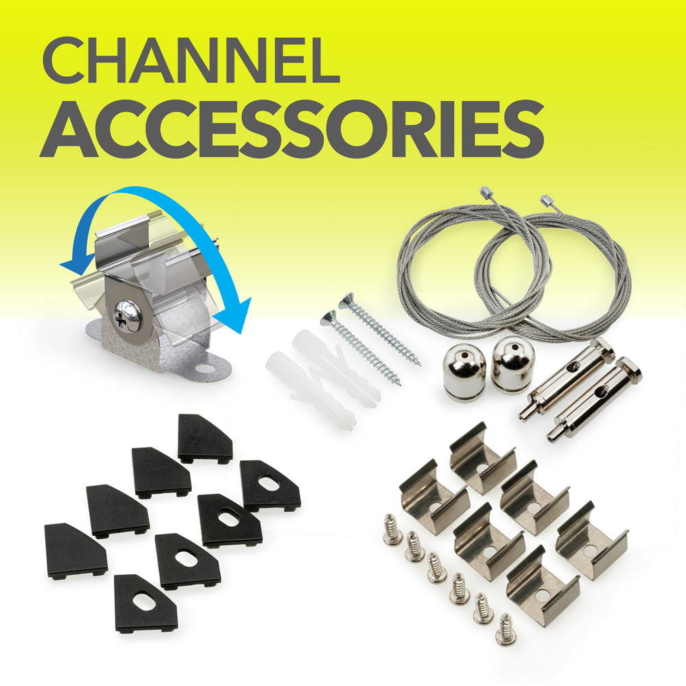 Versatile channel accessories including clips, brackets, and cables for LED lighting setups in black, white, and silver.
