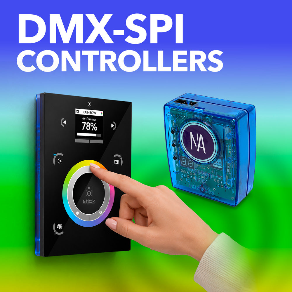 DMX-SPI receivers and controllers with a remote and mounting accessory on a colorful background.