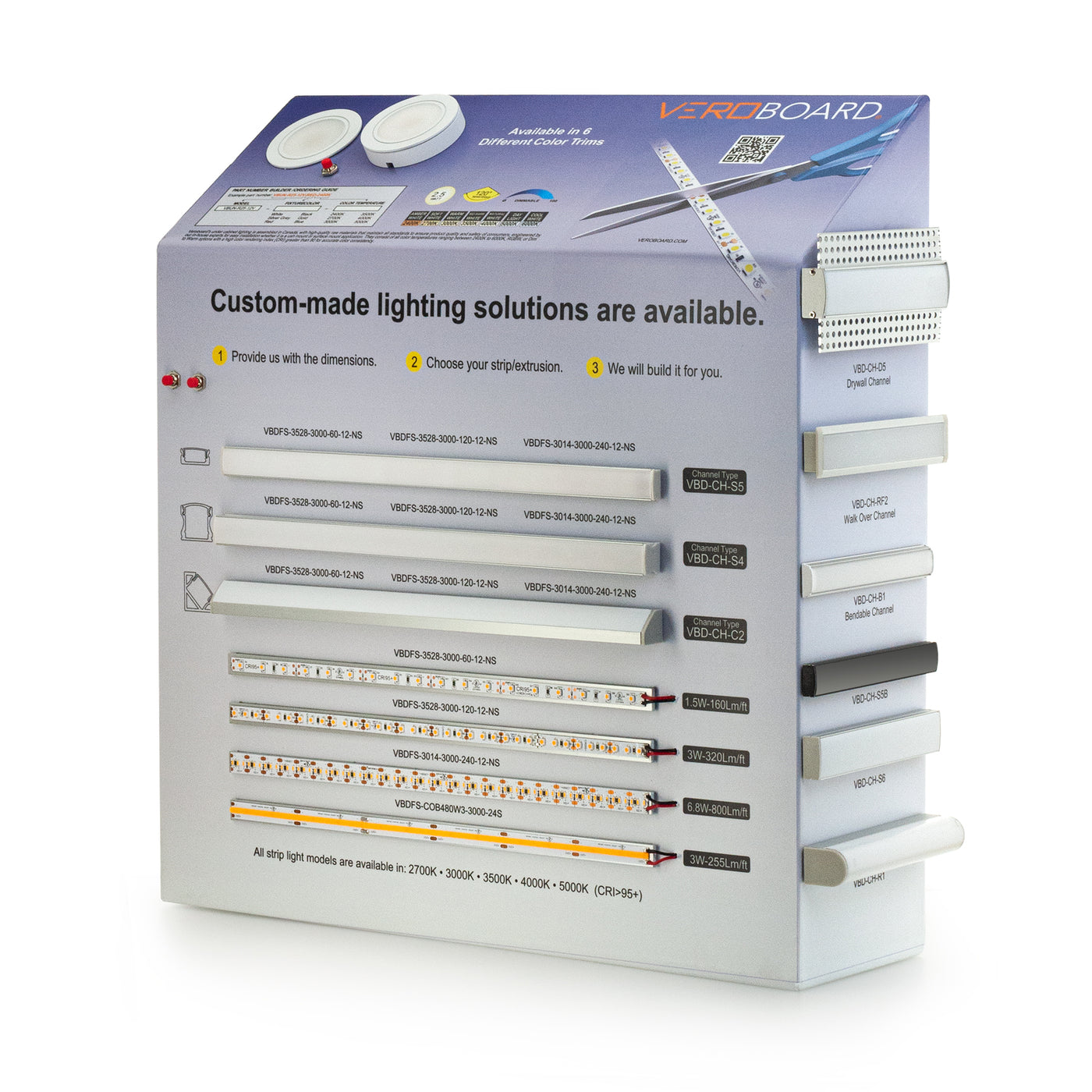 Sample Display Kit showcasing custom-made lighting solutions with various options and specifications.