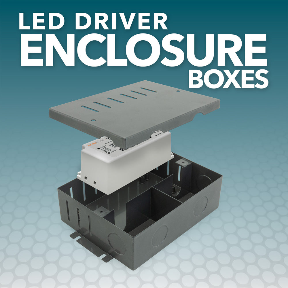 LED driver enclosure boxes showcasing robust metal housing for protecting LED drivers and accommodating various wattages.