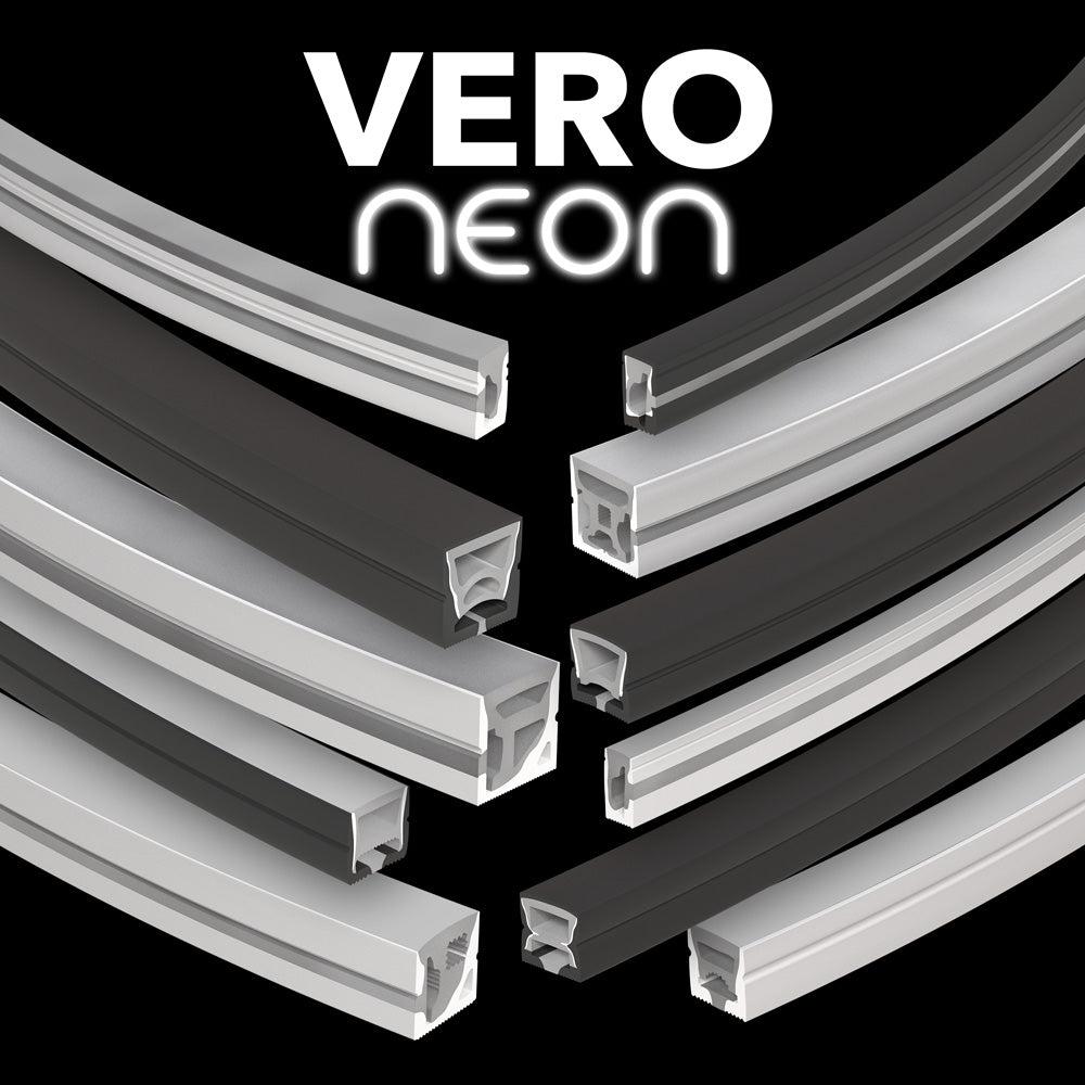 Flexible LED channels in black and silver for neon lighting, showcasing Veroboard VERO neon options.