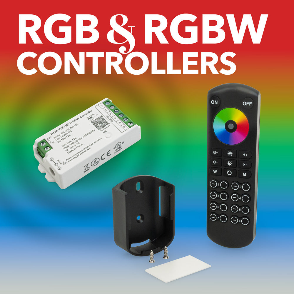 RGB and RGBW controllers with remote, used for controlling LED lighting and color settings.