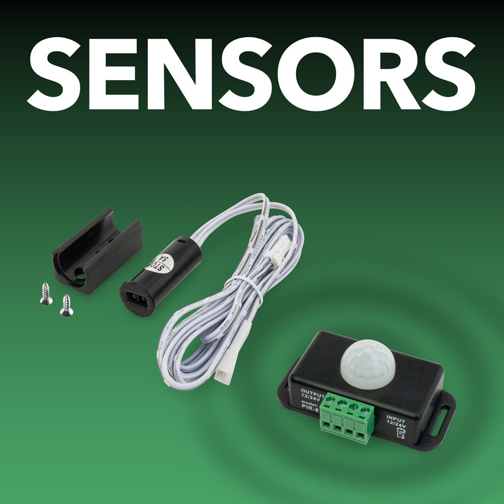 Collection of sensors featuring a motion detector, wiring, and accessories on a gradient green background.