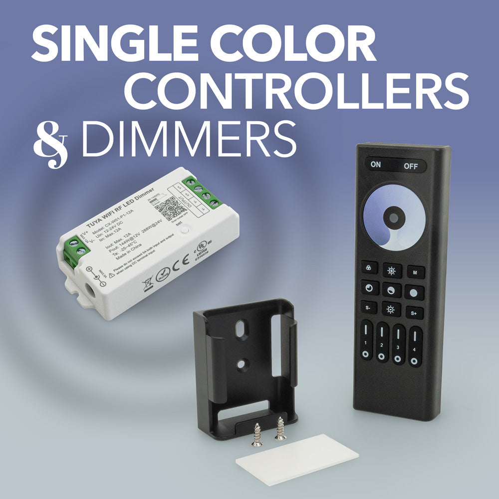 Single color controllers and dimmers with a remote and receiver for lighting management.