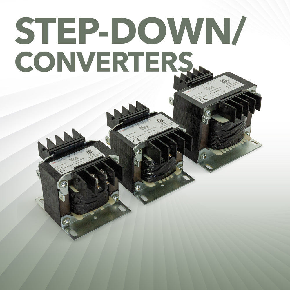 Three step-down converters displayed, showcasing different sizes and designs for voltage reduction applications.