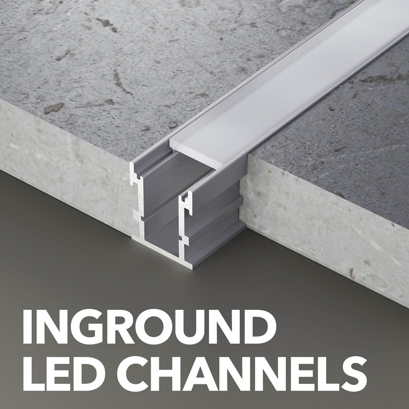 Close-up of inground LED channels embedded in concrete, offering durability and aesthetic lighting solutions.