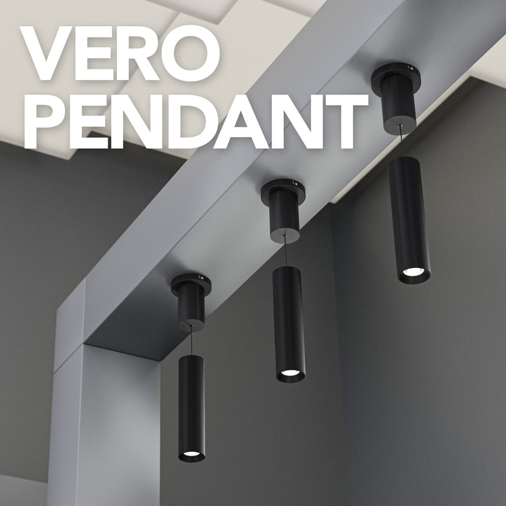 Vero Pendant lighting collection featuring sleek black cylindrical pendant lights.