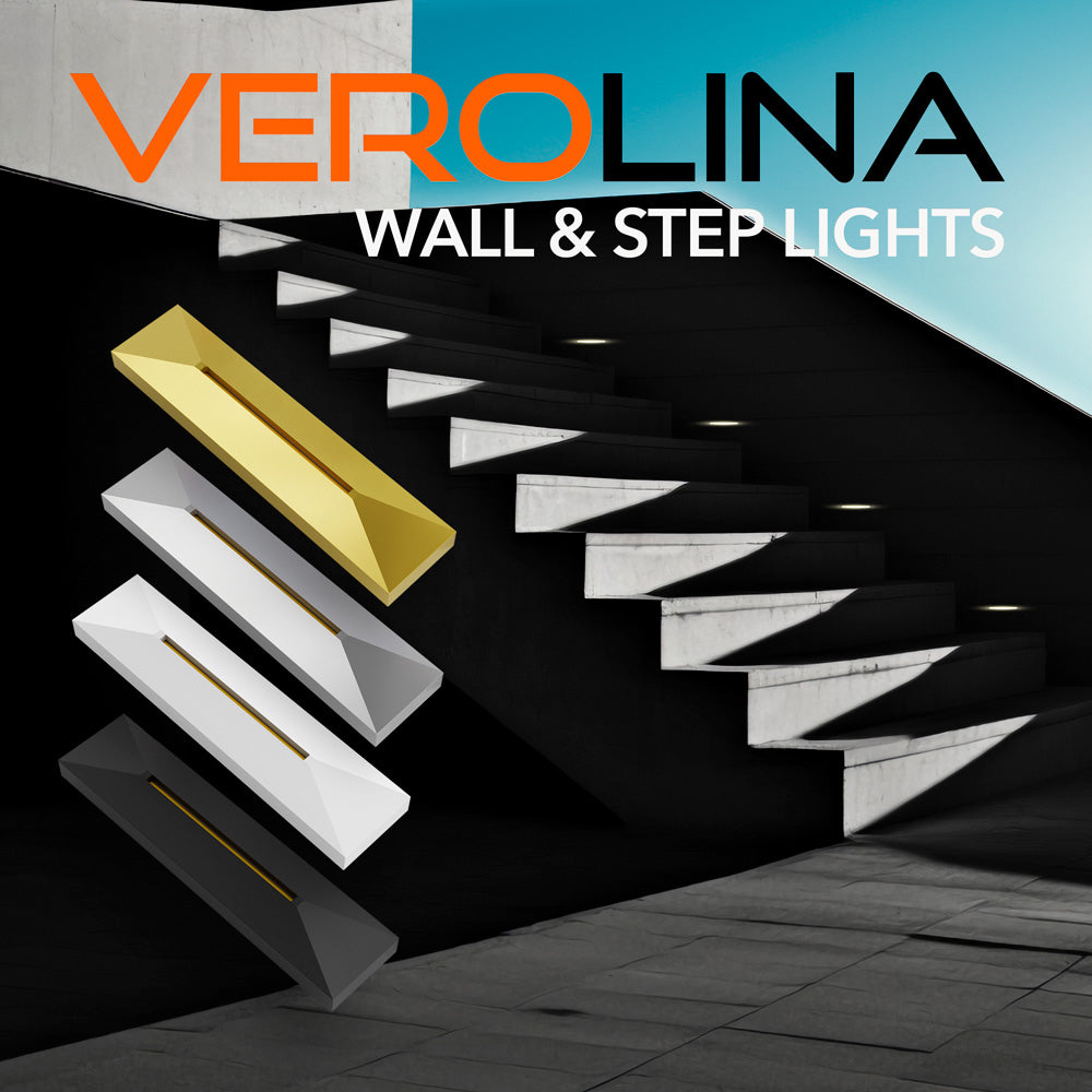 VeroLina 4-inch step lights in white, black, gray, and gold showcasing modern design and versatility.