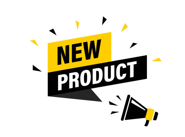 Graphic announcing new product launch with megaphone and dynamic text design in black and yellow colors.