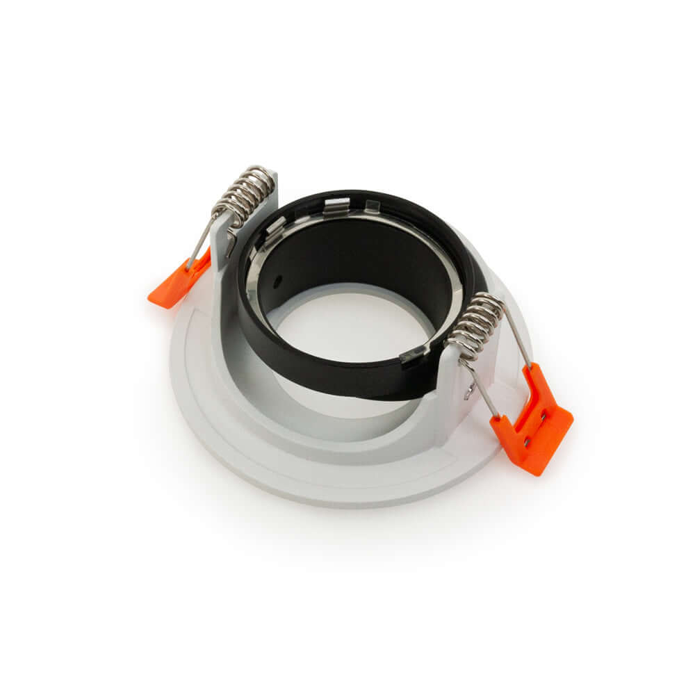 VBD-MTR-T71 low voltage IC rated recessed light trim in white with aluminum pivot design.