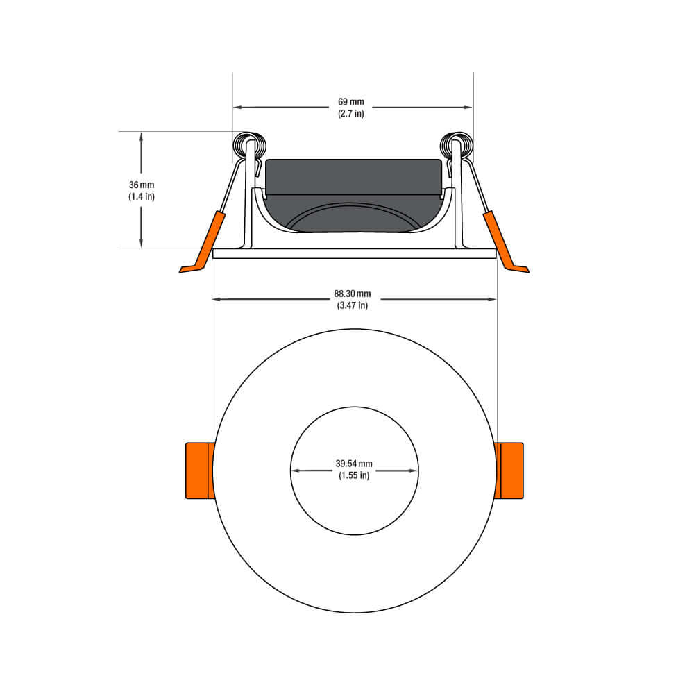 Diagram of VBD-MTR-T71 recessed light trim showing dimensions and shape, with specifications for installation.