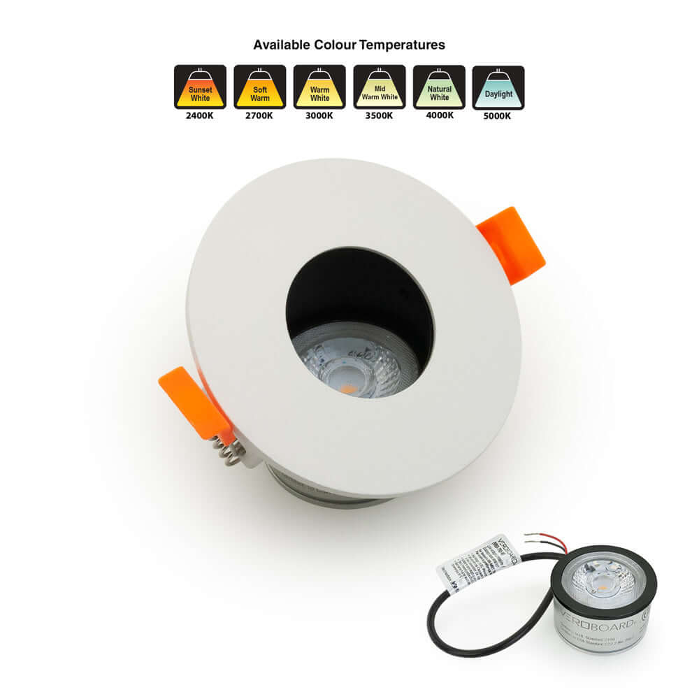 VBD-MTR-T71 low voltage recessed light trim in white, showcasing multiple color temperature options.