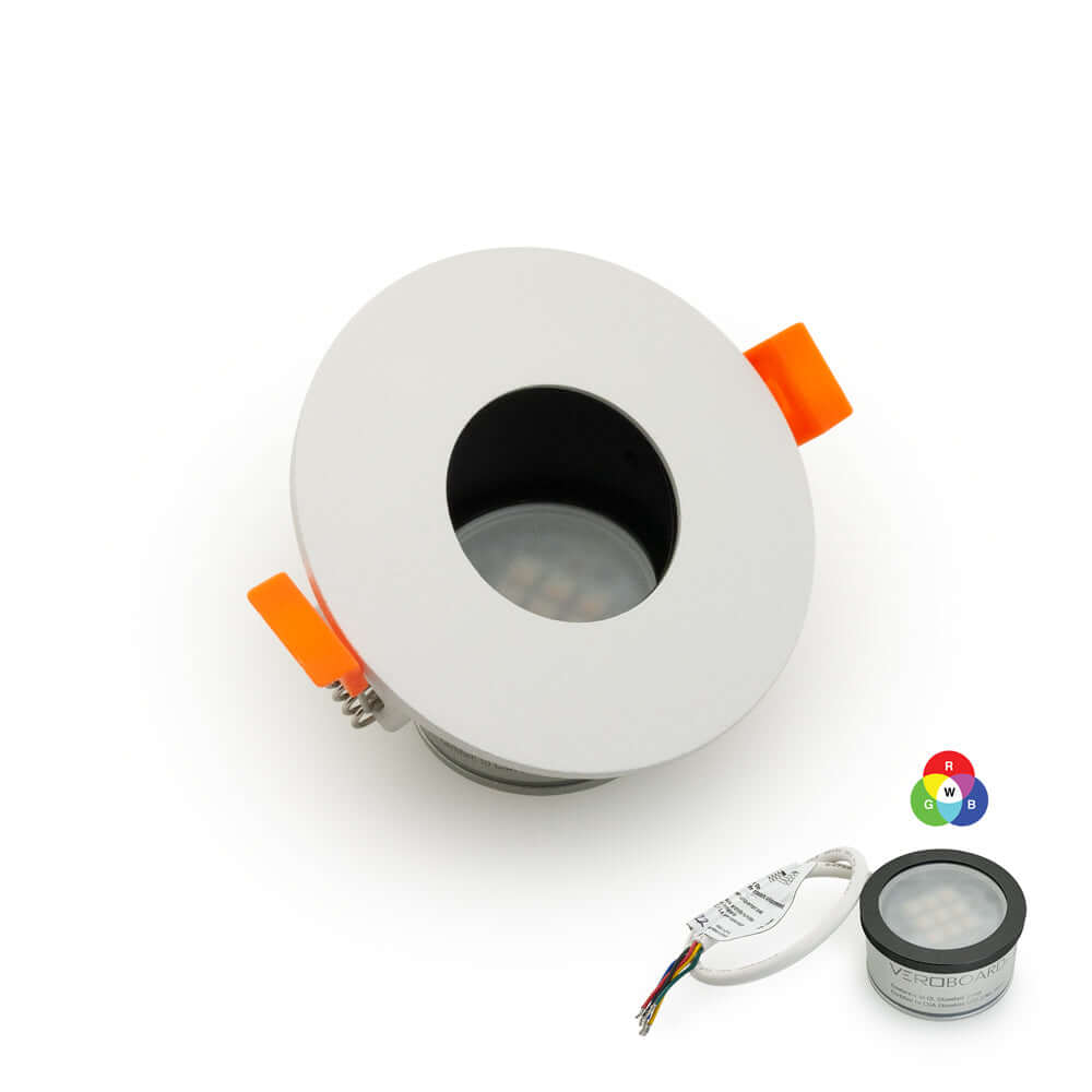 VBD-MTR-T71 low voltage recessed light trim in white with round pivot design and installer wires.