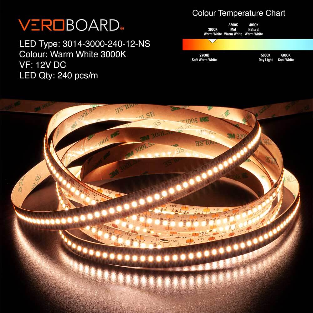 5M(16.4ft) Indoor LED Strip 3014, 12V 7(w/ft) 727-873(Lm/ft) 240(LEDs/m) CCT(2.7K, 4K, 5K ) - GekPower
