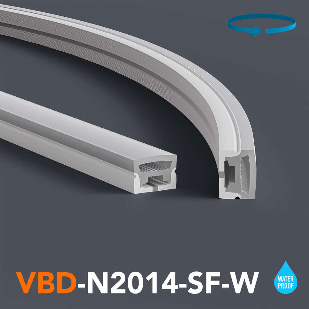 White silicone flexible LED neon channel VBD-N2014-SF-W, waterproof design, showcasing cross-section details.