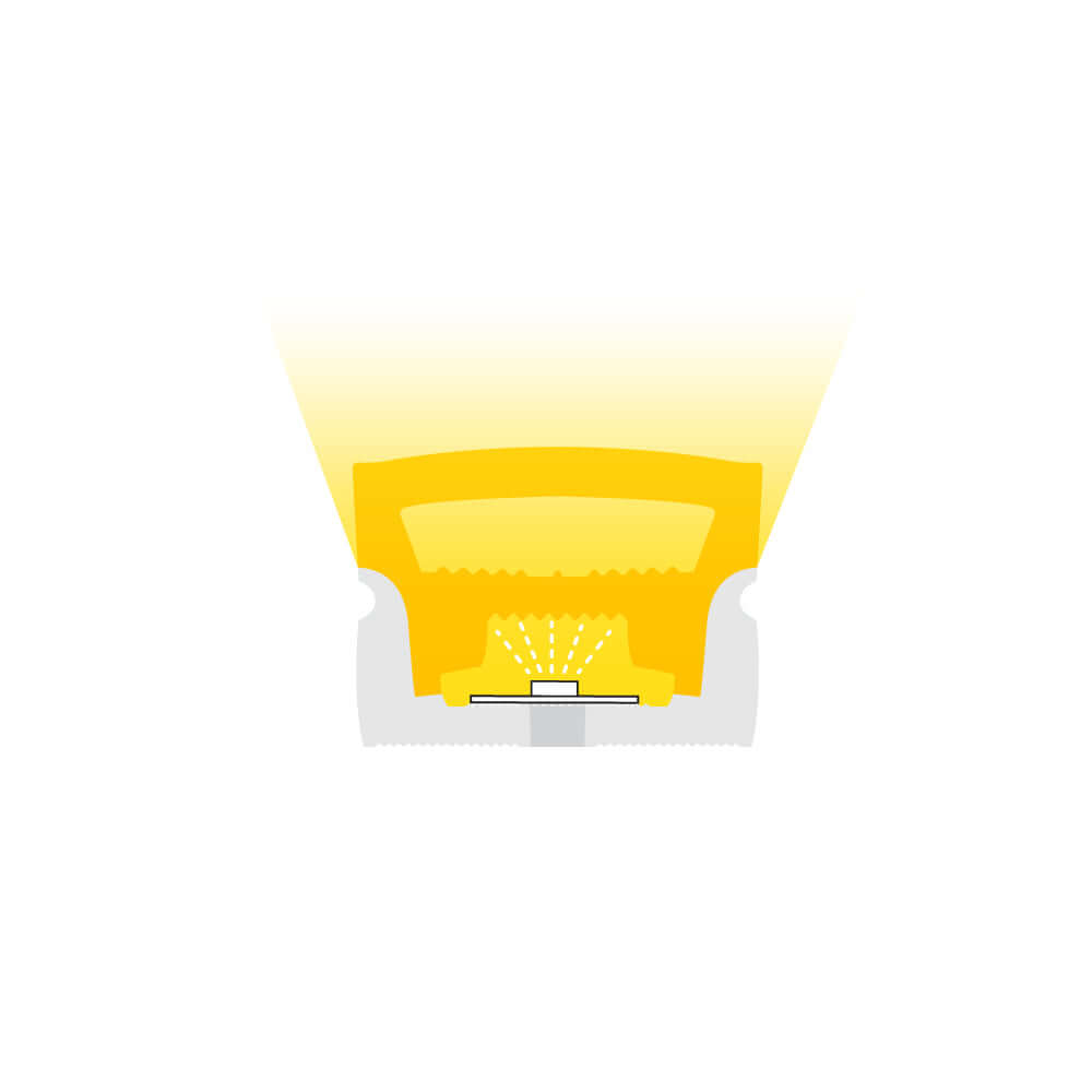 Illustration of a yellow LED light beam emanating from a light fixture against a white background.
