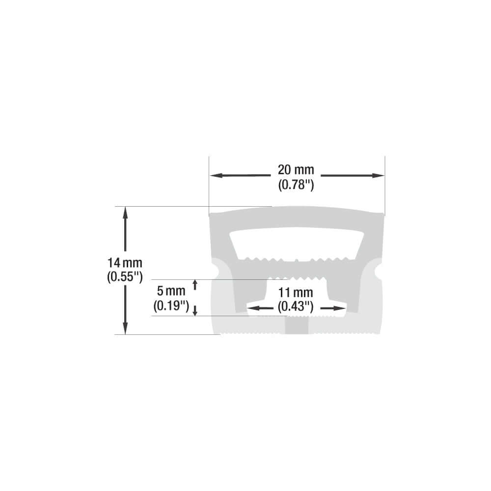 Dimensions of the VBD-N2014-SF-W White Silicone Flexible LED Neon channel, showing measurements in mm.