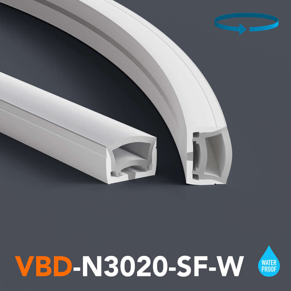 VBD-N3020-SF-W white silicone flexible LED neon channel showcasing waterproof features and detailed cross-section.