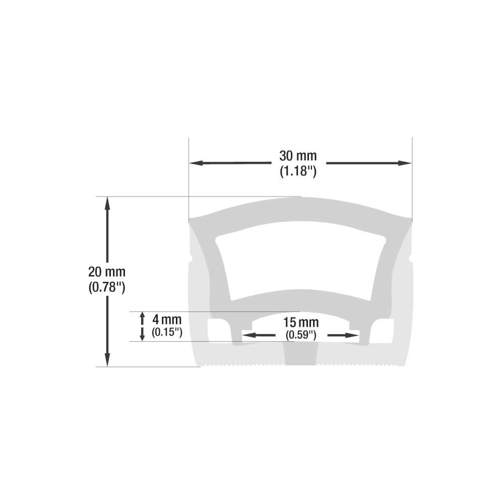 Dimensions of VBD-N3020-SF-W silicone LED neon channel: 20mm height, 30mm width, detailed schematic.