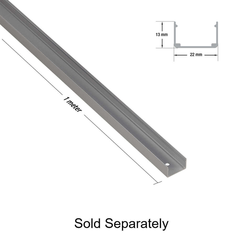 1 meter aluminum channel profile, dimensions 13mm x 22mm, sold separately for LED installations.