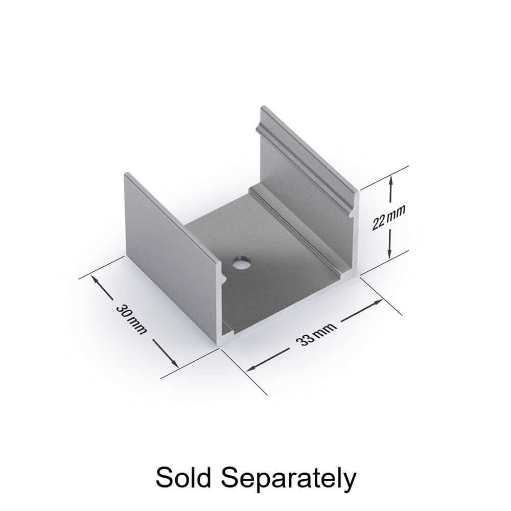 Aluminum LED channel connector with dimensions 30mm x 33mm x 22mm, sold separately for custom lighting projects.