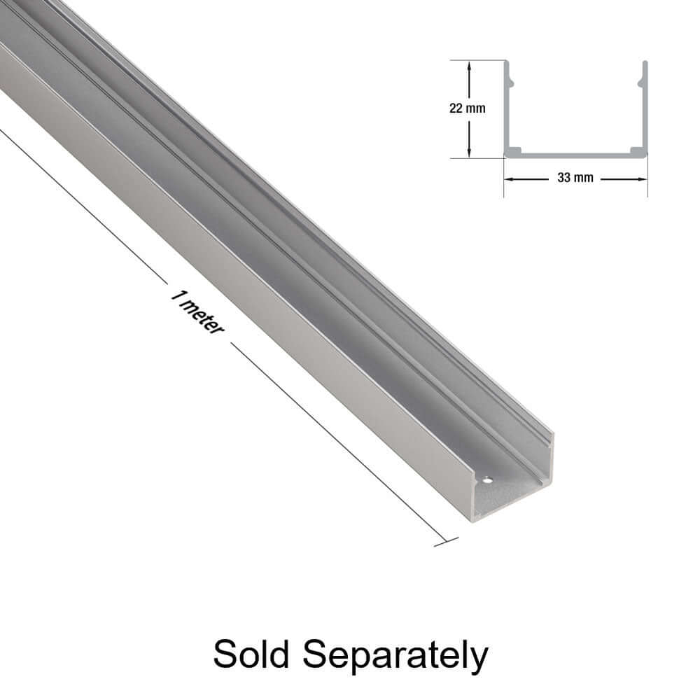Aluminum LED channel profile, 1 meter length, dimensions 22mm x 33mm, sold separately for lighting applications.