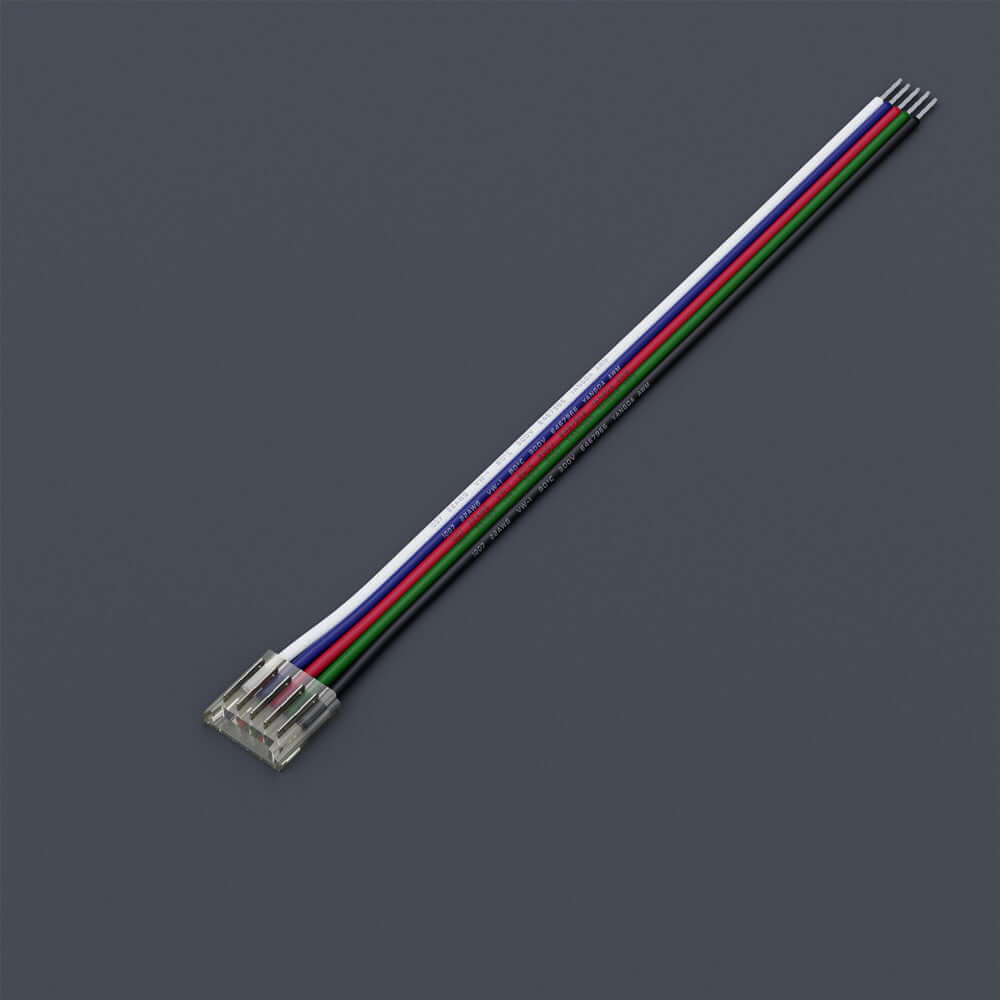 RGBW LED strip to wire connector with clear plastic housing and five color-coded wires.