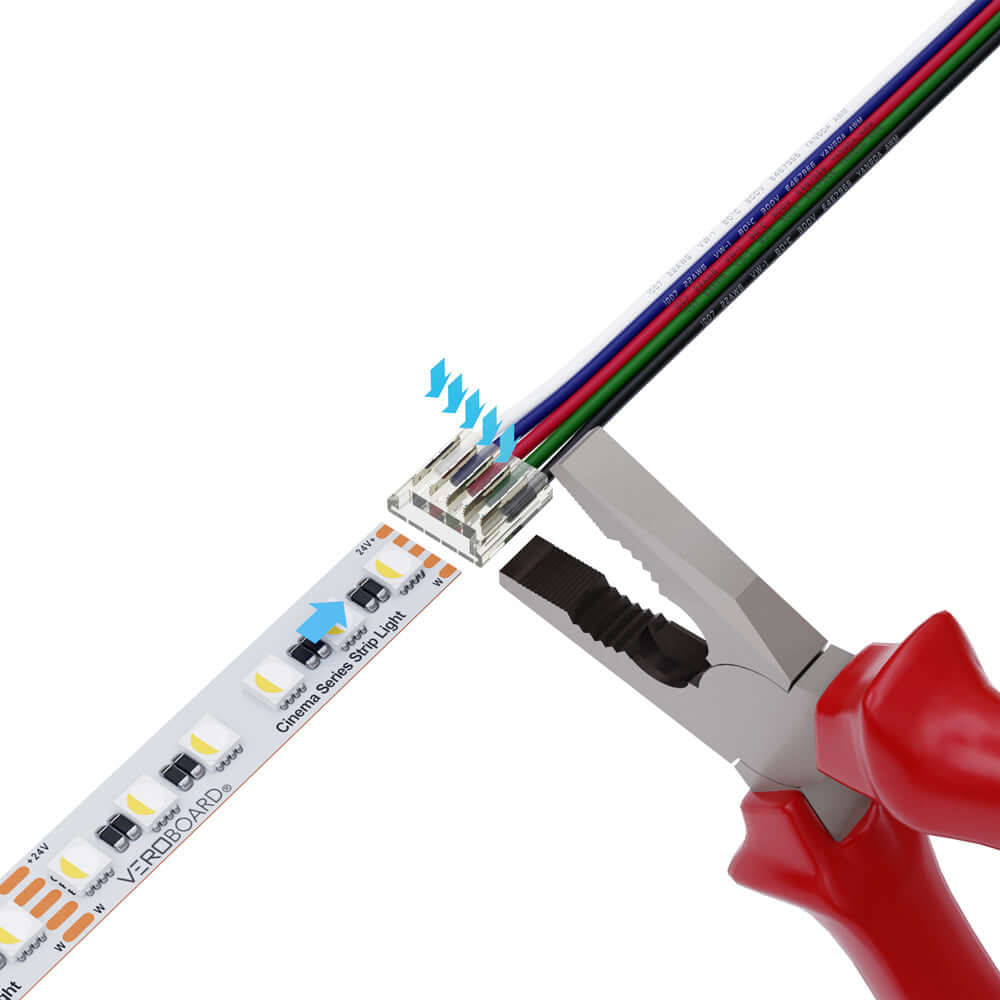 LED strip to wire RGBW connector being attached with pliers, showing clear plastic connector and multicolor wires.