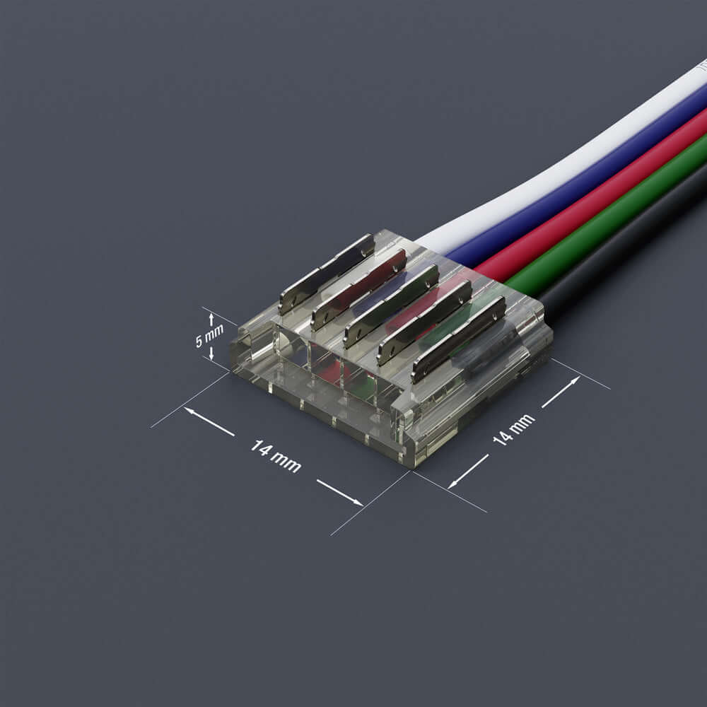 5-pin LED strip to wire connector with clear plastic housing, measuring 14x14mm and 5mm in height.