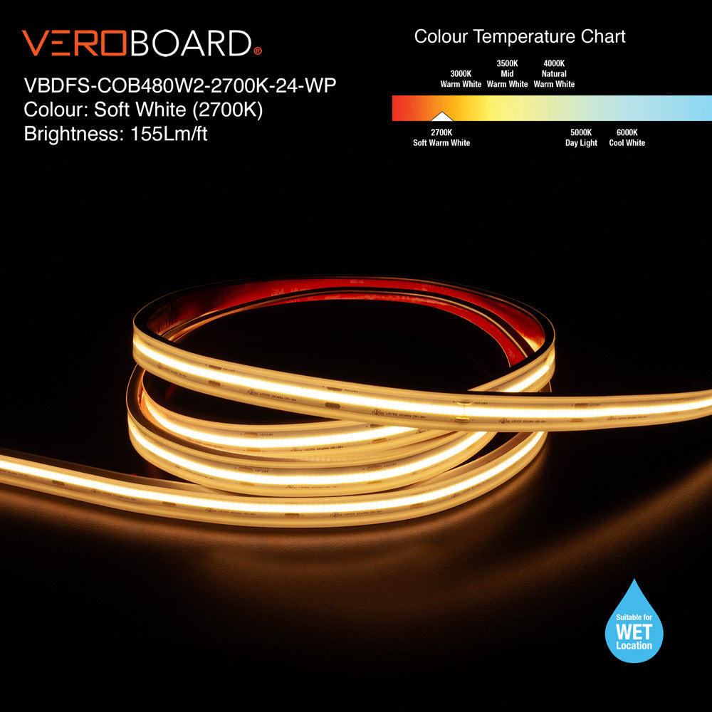 VBDFS-COB480W2-xxxx-24-WP Waterproof COB LED Strip, 510Lm/m (155Lm/ft) 6W/m(2W/ft) CCT(2.7K, 3K, 3.5K, 4K, 5K)