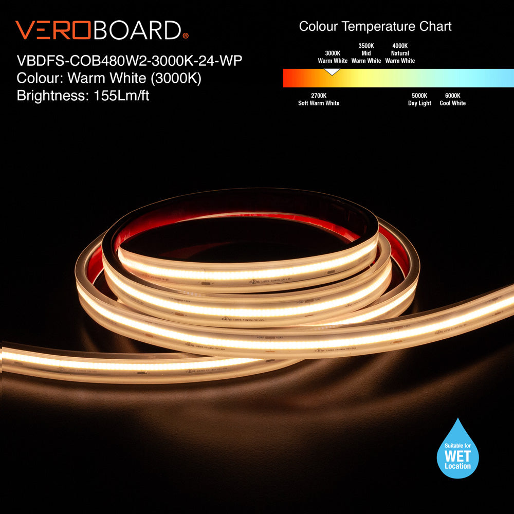 VBDFS-COB480W2-xxxx-24-WP Waterproof COB LED Strip, 510Lm/m (155Lm/ft) 6W/m(2W/ft) CCT(2.7K, 3K, 3.5K, 4K, 5K)