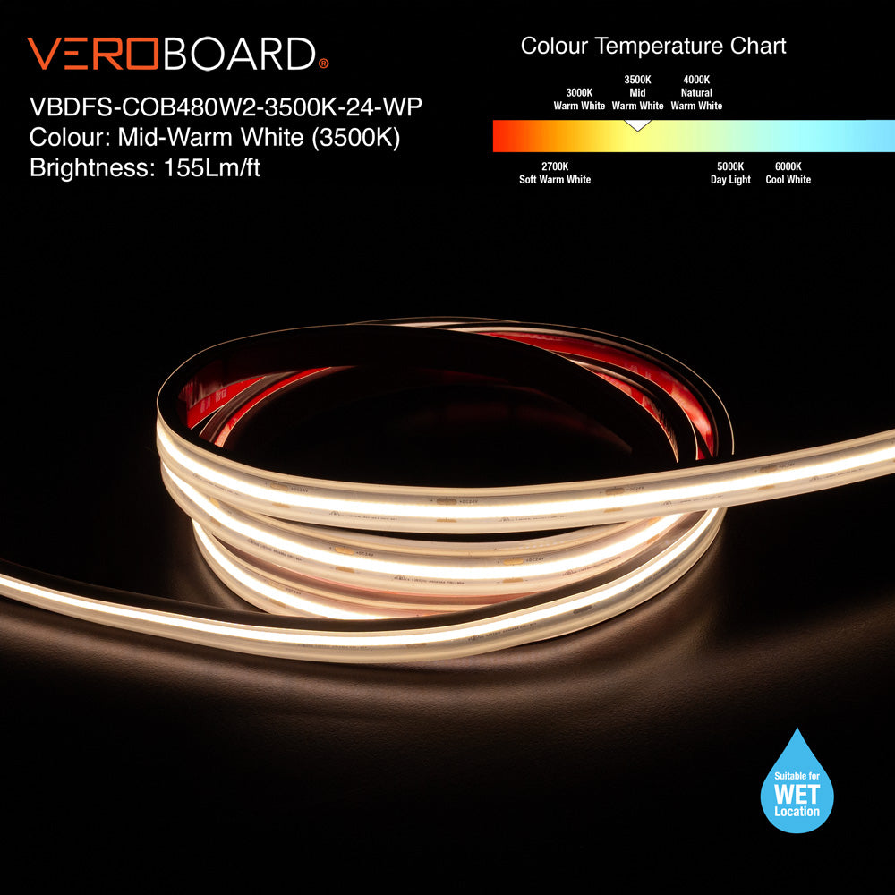 VBDFS-COB480W2-xxxx-24-WP Waterproof COB LED Strip, 510Lm/m (155Lm/ft) 6W/m(2W/ft) CCT(2.7K, 3K, 3.5K, 4K, 5K)