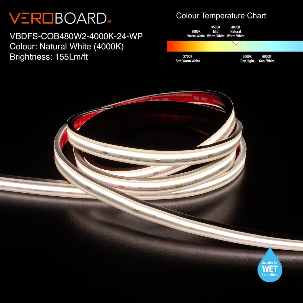 VBDFS-COB480W2-xxxx-24-WP Waterproof COB LED Strip, 510Lm/m (155Lm/ft) 6W/m(2W/ft) CCT(2.7K, 3K, 3.5K, 4K, 5K)