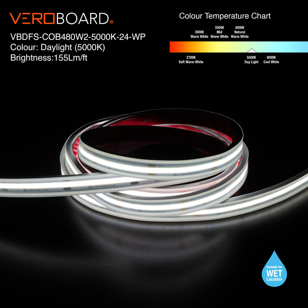 VBDFS-COB480W2-xxxx-24-WP Waterproof COB LED Strip, 510Lm/m (155Lm/ft) 6W/m(2W/ft) CCT(2.7K, 3K, 3.5K, 4K, 5K)