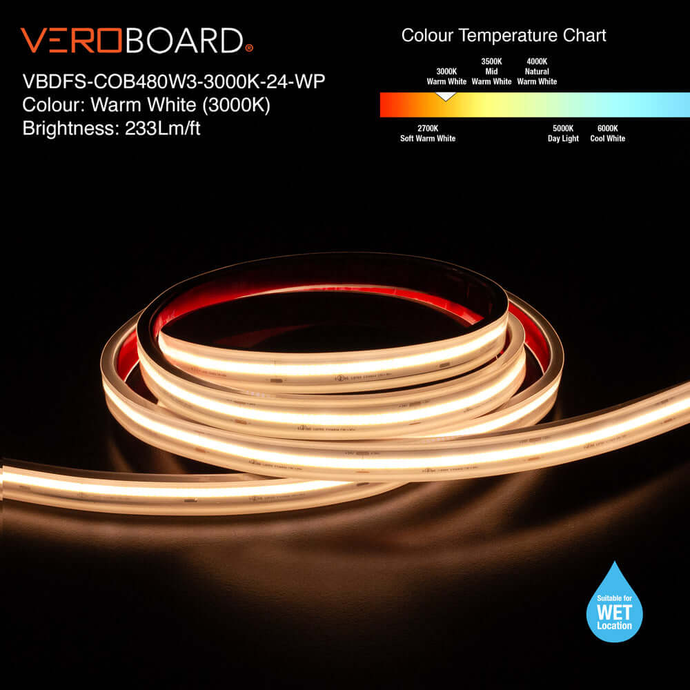 VBDFS-COB480W3-xxxx-24-WP Waterproof COB LED Strip, 765Lm/m (233Lm/ft) 9W/m(3W/ft) CCT(2.7K, 3K, 3.5K, 4K, 5K)