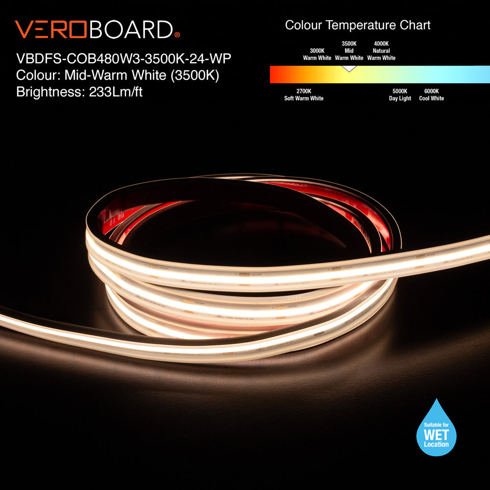 VBDFS-COB480W3-xxxx-24-WP Waterproof COB LED Strip, 765Lm/m (233Lm/ft) 9W/m(3W/ft) CCT(2.7K, 3K, 3.5K, 4K, 5K)